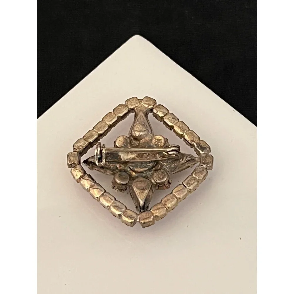 Vintage 1950s Pink Clear Rhinestone Brooch Geometric Silver Tone - 1I